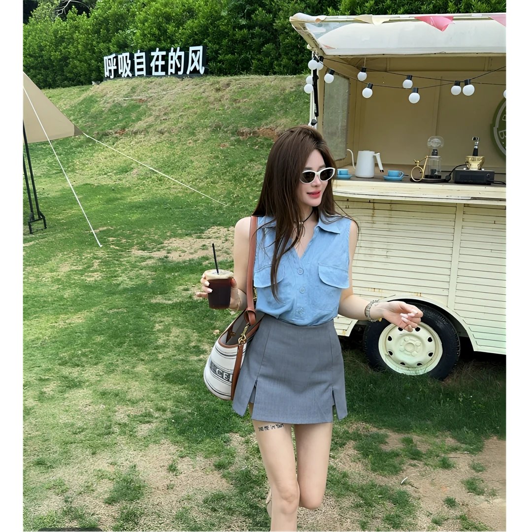 甜心轰炸机2025夏季新款设计感蓝色衬衣➕百搭西装半身裙两件套女