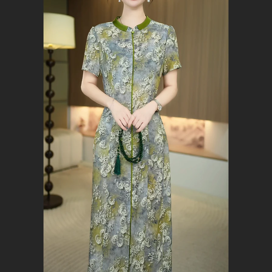 【暖晴川】夏季新款新款新中式中长款复古风气质连衣裙