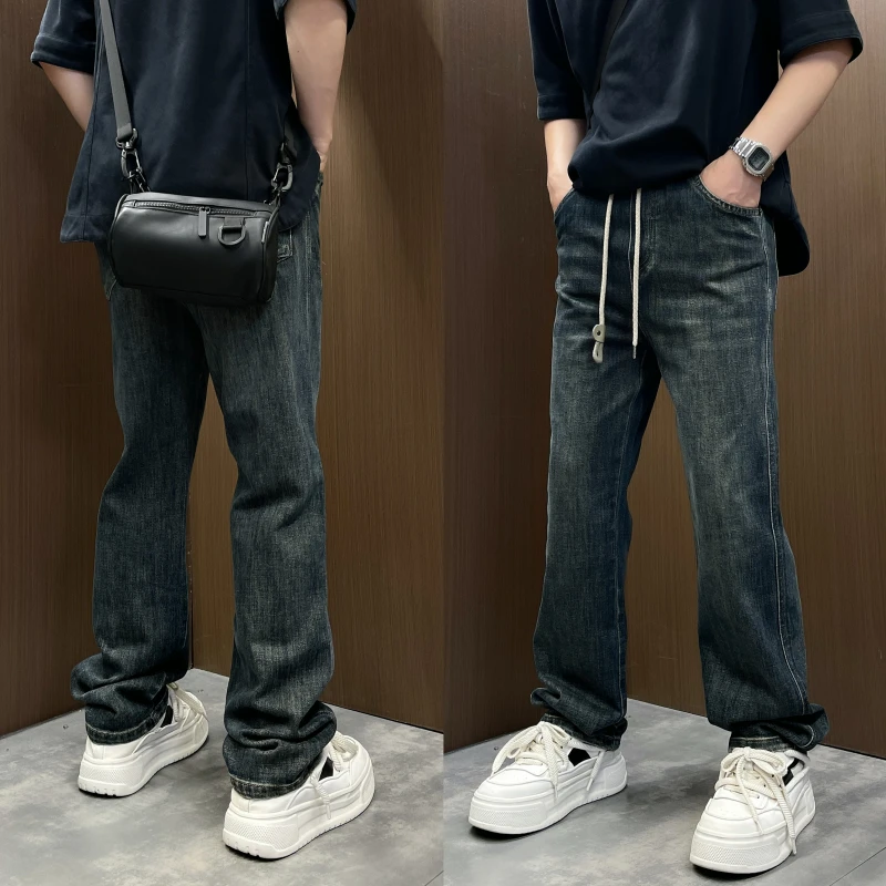 2025秋冬季哈伦修身微喇弹力百搭高街休闲做旧抽绳水洗痞帅牛仔裤