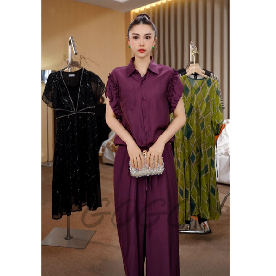 G6280时尚套装女夏季新款洋气质显瘦V领上衣阔腿裤两件套