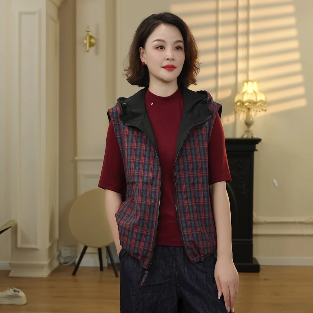 【橘猫美依】秋季新款休闲时尚百搭双面穿格子连帽拼接马甲5989-6