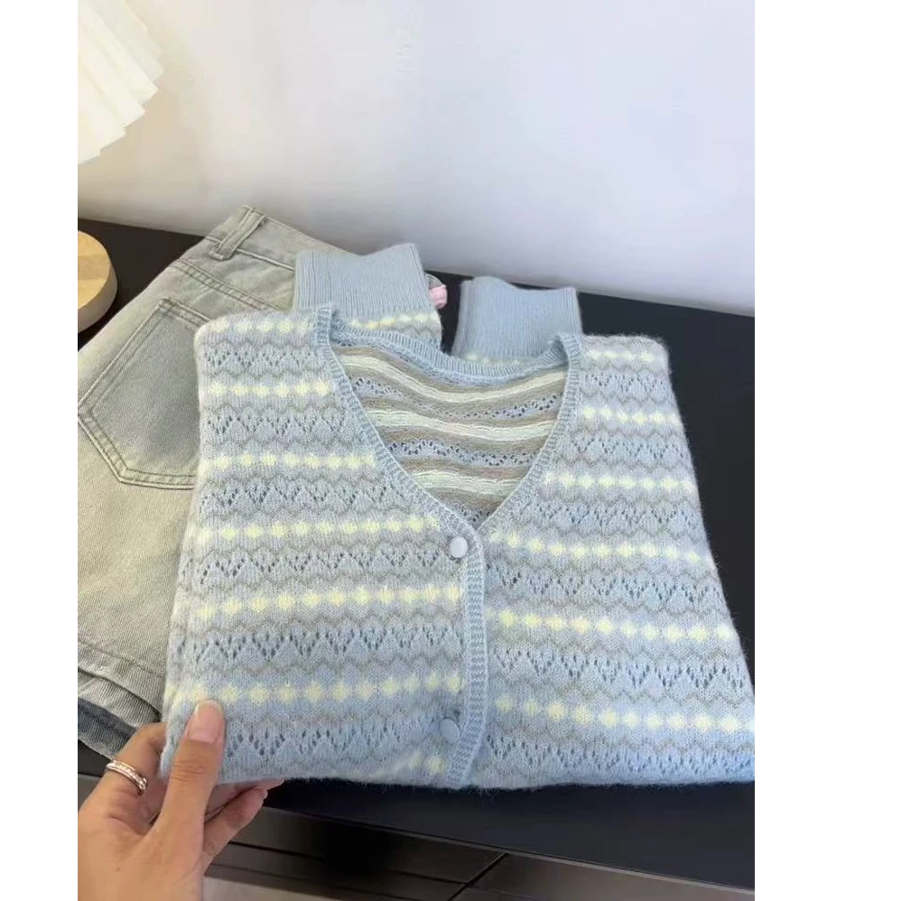 条纹镂空设计感韩系毛衣外套女春秋外套针织开衫上衣