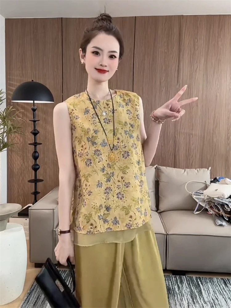 新中式圆领国风无袖衬衫女2025年夏季新款时尚印花显瘦复古上衣潮