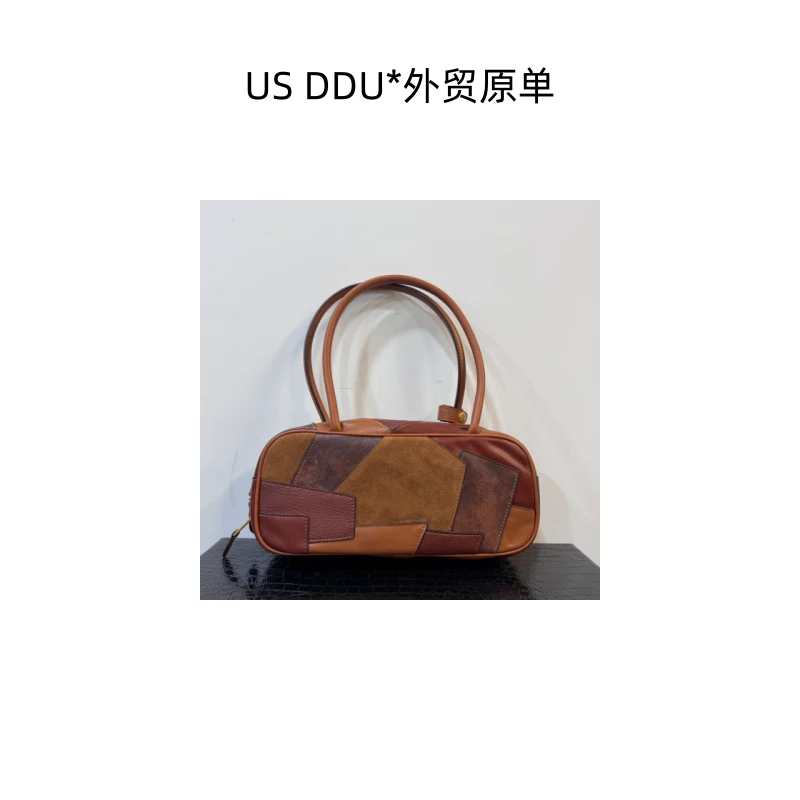 缪 棕色拼色拼皮保龄球手提包 603/K024
