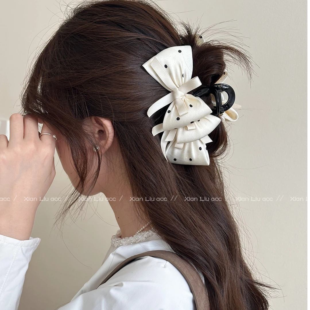 甜美温柔风波点双蝴蝶结抓夹女后脑勺发量多盘发鲨鱼夹半扎发发饰