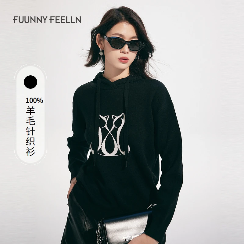 FF仿佛2025秋新款连帽羊毛针织衫女宽松显瘦小个子上衣FZ01665W0