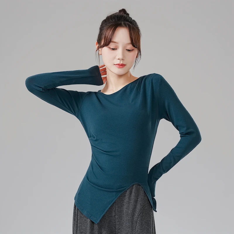 现代舞蹈服女新款不对称侧捏褶长袖上衣中国古典舞修身形体练功服