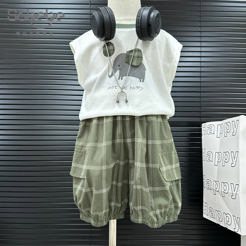 【仟与】儿童套装夏季新款男童套装韩版卡通拼色两件套AT908