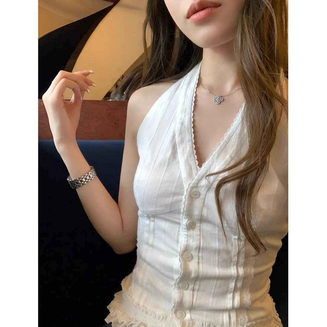 蕾丝拼接露背挂脖背心女2025夏季新款辣妹设计感修身显瘦气质吊带