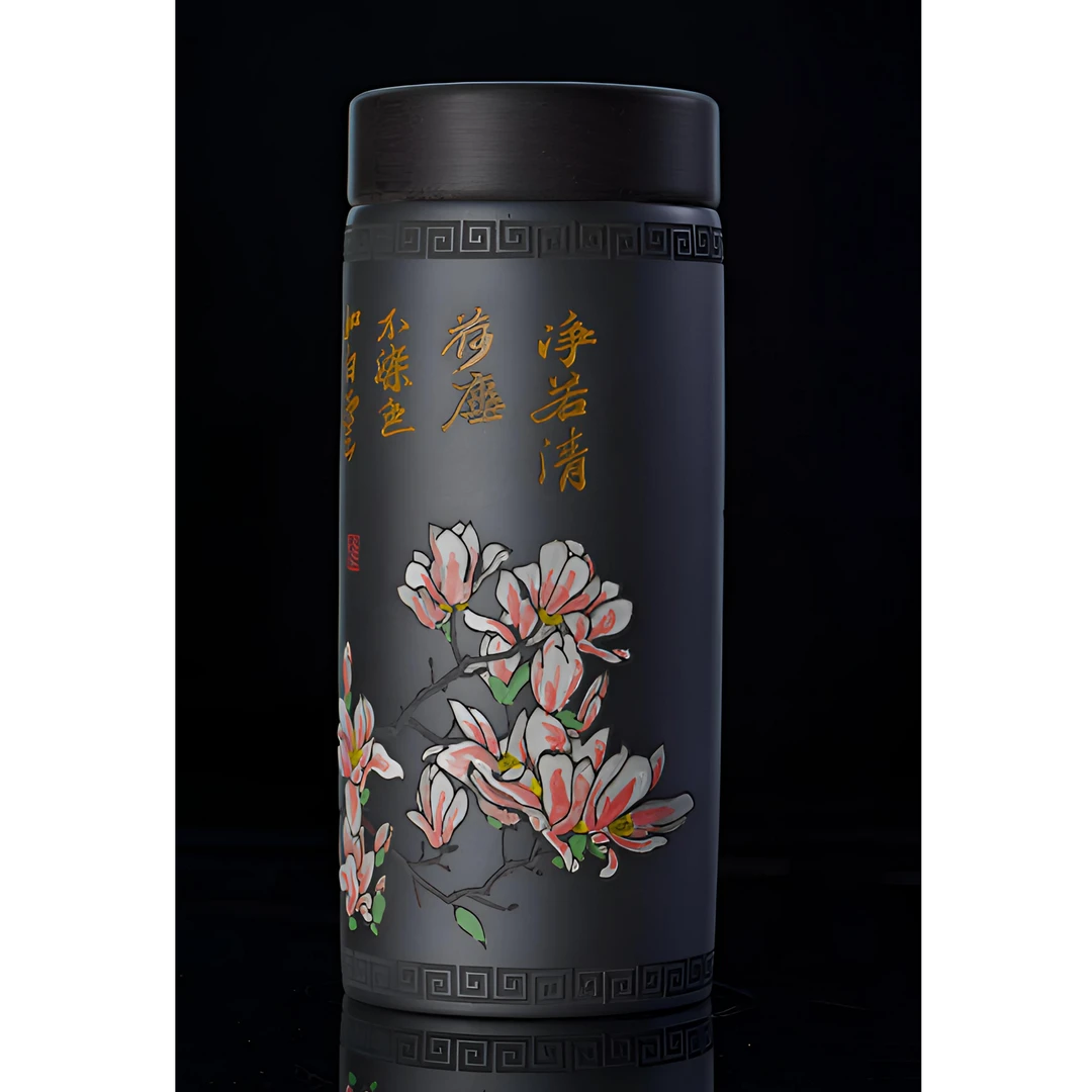 玉兰杯 石黄刻绘玉兰花图案双层紫砂直筒车载便携杯