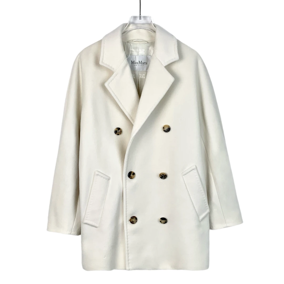 95新 MaxMara X11160 米白色翻领双排扣绵羊毛大衣外套 34 XXS码