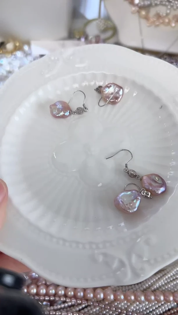 银S925镶嵌耳饰淡水珍珠油画莫奈 耳钩