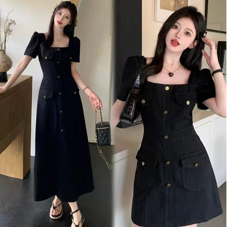 （80-200斤）气质方领连衣裙夏新款胖mm今年流行藏肉收腰小黑裙1885
