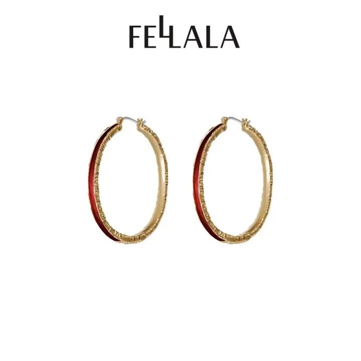 Fellala/翡拉拉「简奢时尚5.0」红色大耳圈摩登金丝高级感耳饰轻