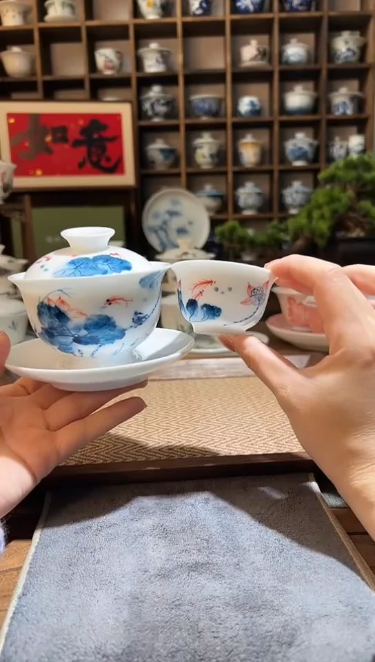 【闪购商品】荷花大盖碗+纯白底托+荷花客杯