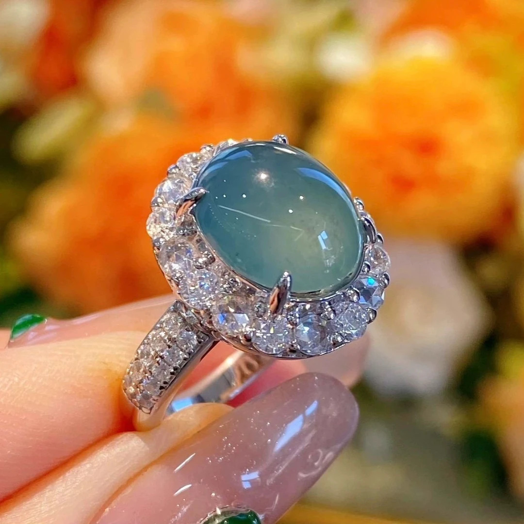 爆款真品豪华镶嵌蛋面湖水蓝天空蓝真玉戒指女玉戒圈指环多样性发