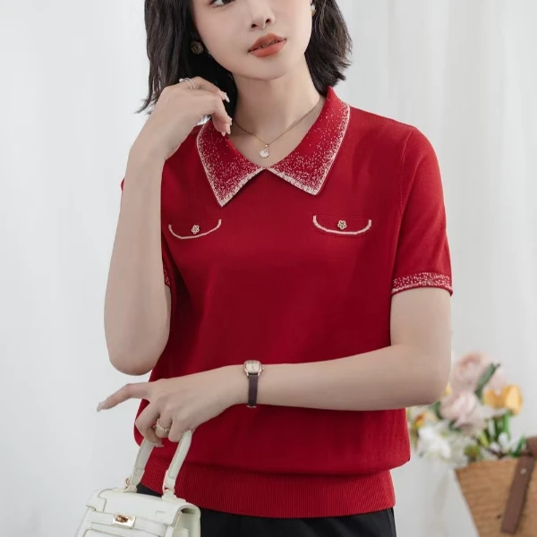 新款气质翻领短袖T恤红色半袖夏季薄款莱赛尔天丝针织冰丝上衣