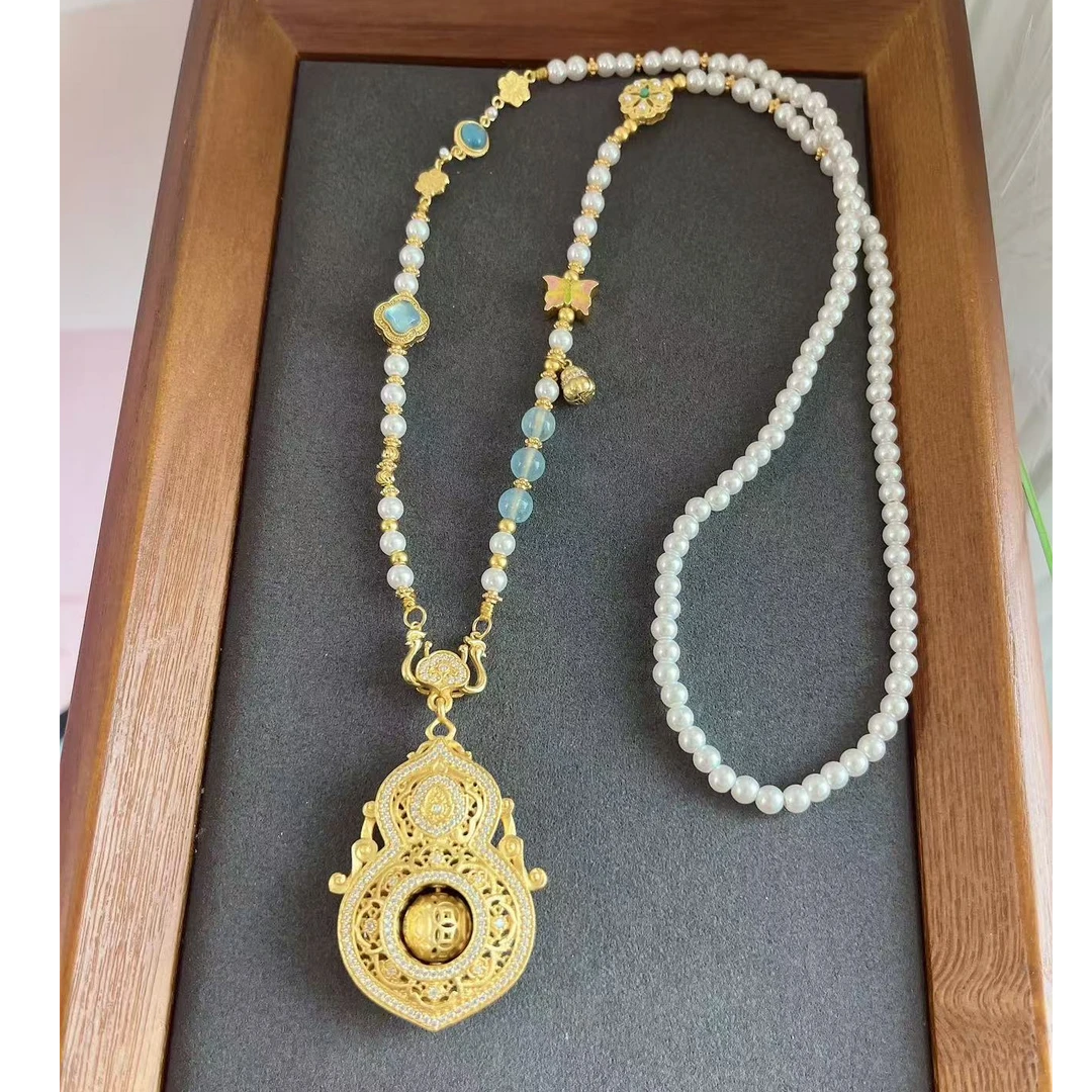 吊坠足银 足银金色人生四美葫芦吊坠古法镶嵌转动款福禄寿吊坠