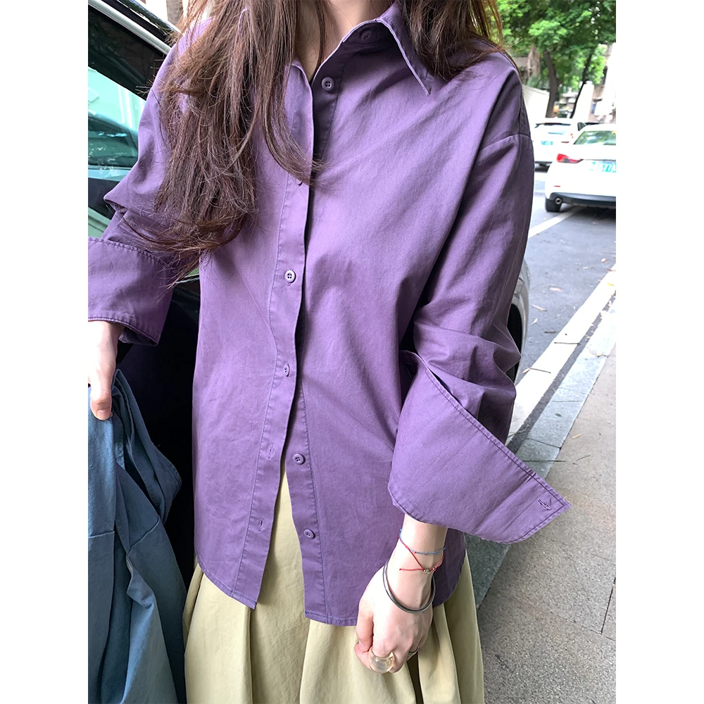xxdeli香香的梨 韩系百搭紫色宽松通勤简约长袖衬衫外套XL1130