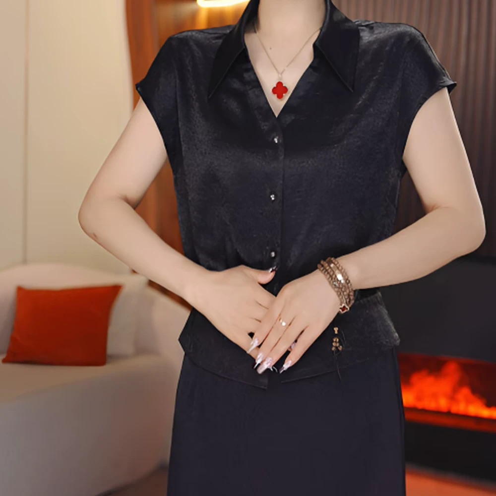 夏季缎面设计感小众时尚气质女翻领短袖t恤百搭