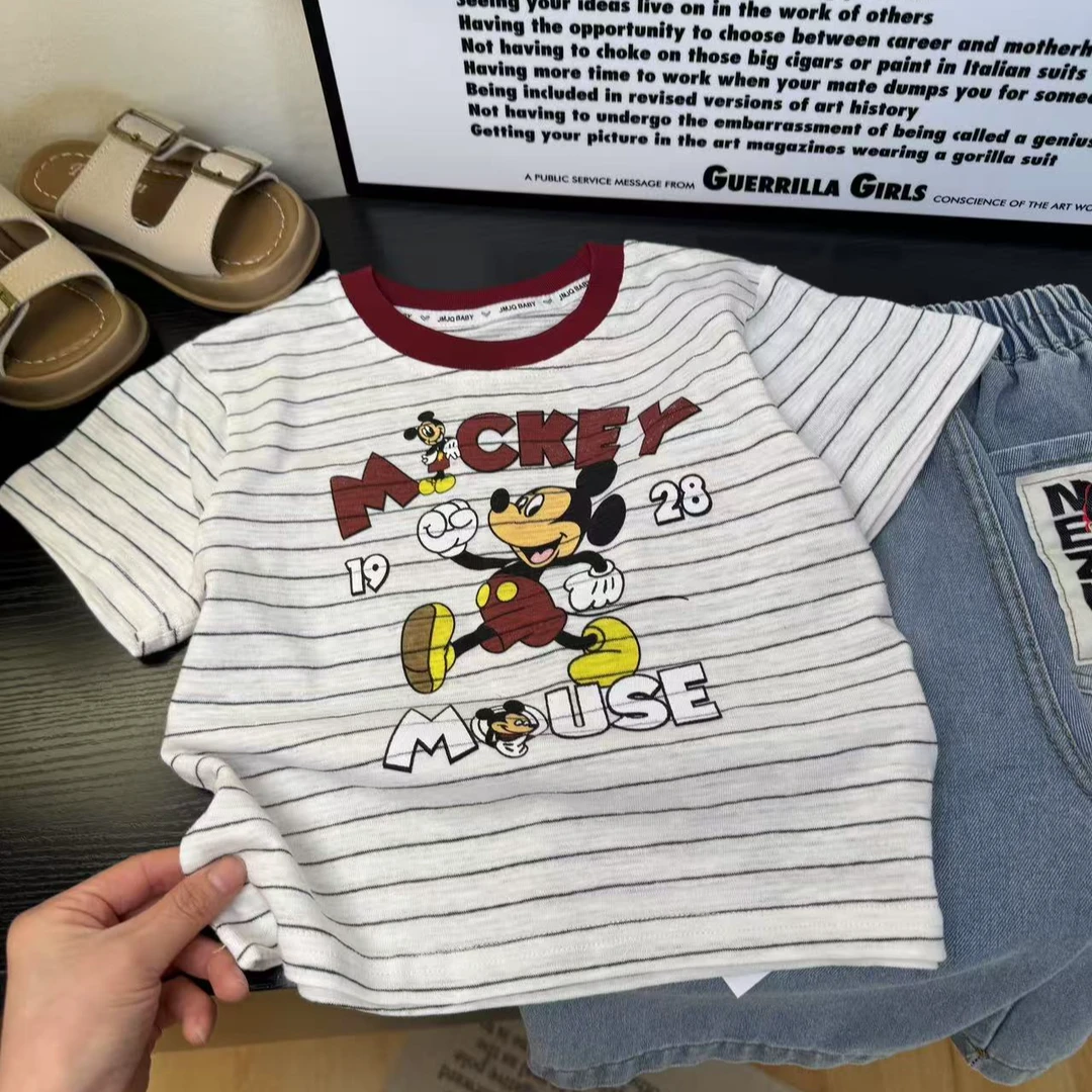 【JMJQ 25292】夏季新款儿童印花休闲圆领百搭宝宝条纹短袖