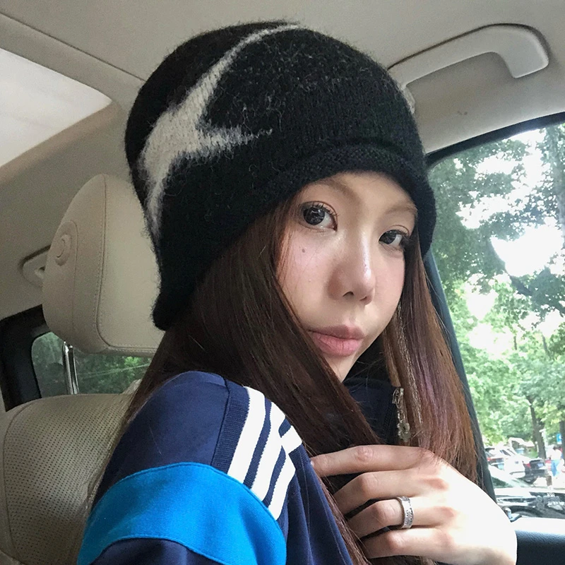 韩系复古堆堆帽女款星星针织冷帽秋冬季护耳保暖百搭大头围包头帽