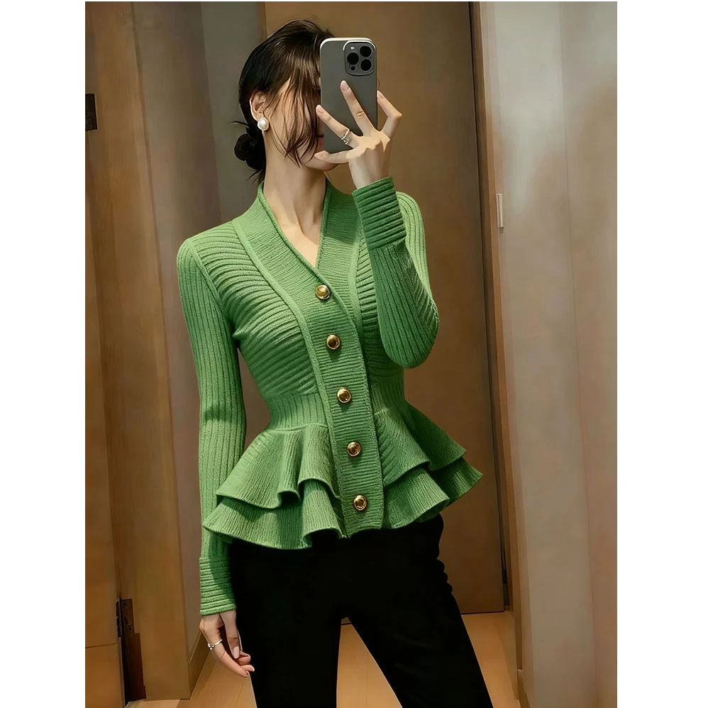 早秋超好看单穿上衣小众设计感高端气质独特漂亮荷叶边绿色针织衫