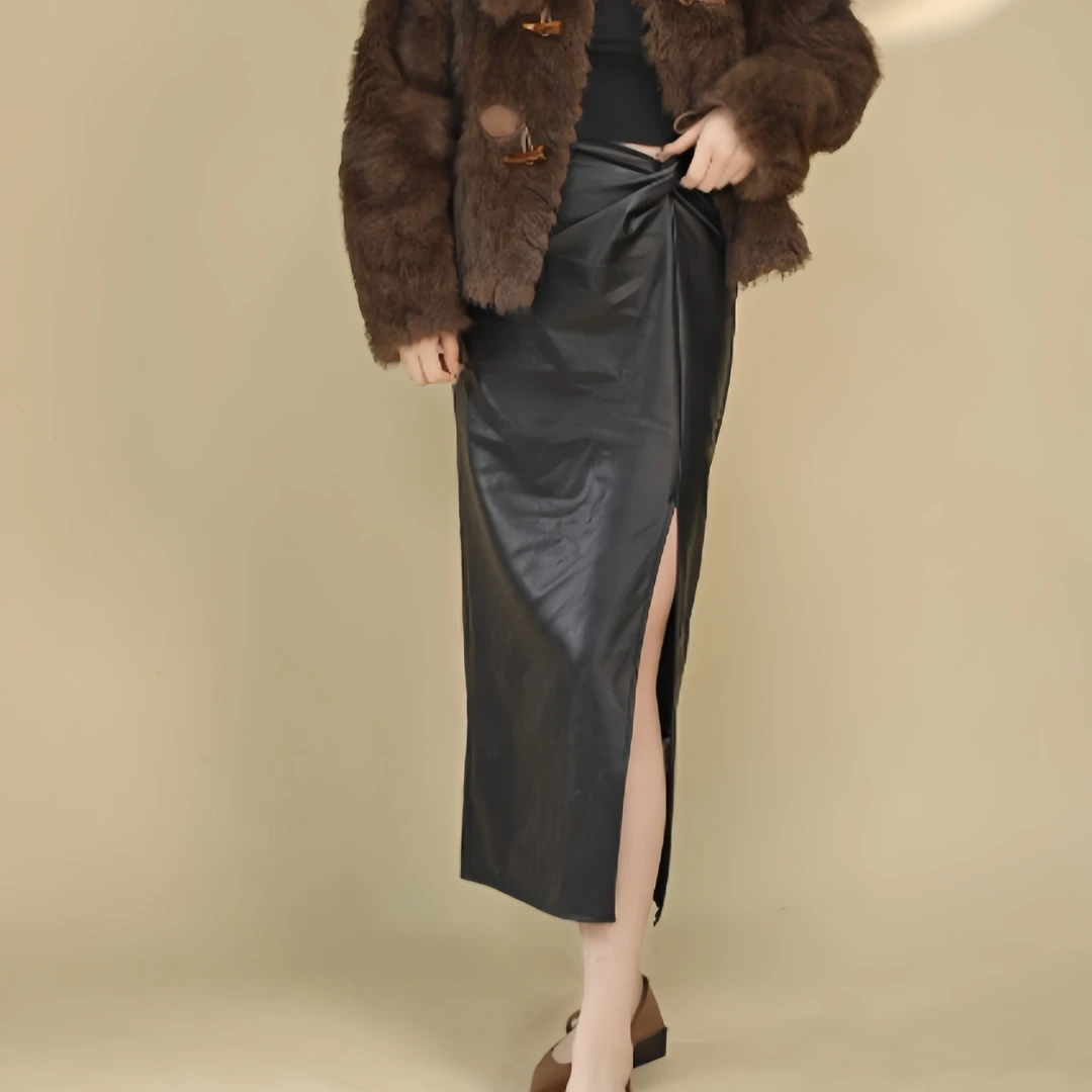 888韩版秋冬季气质不规则时尚长款复古皮裙显瘦半身裙-