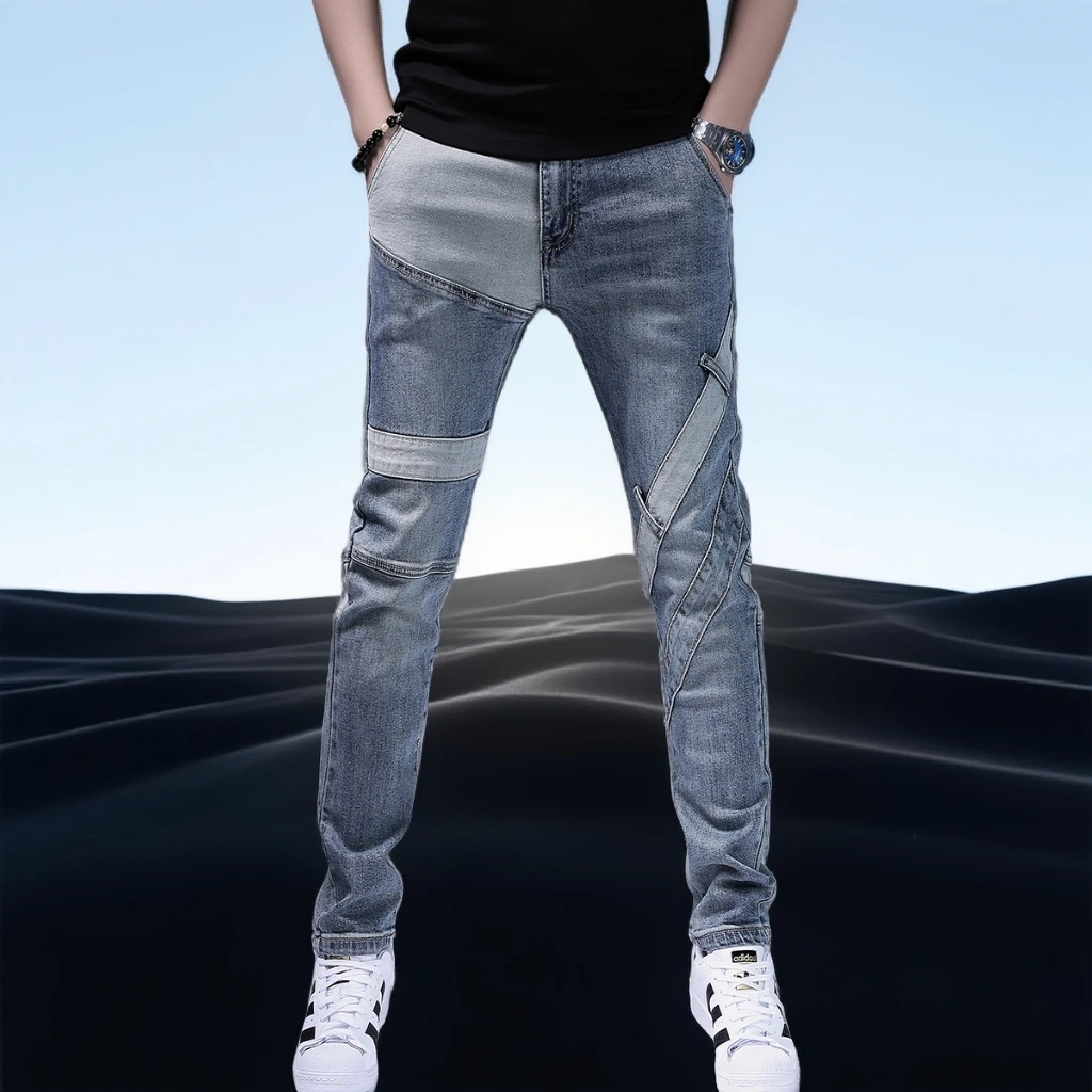 巴赛娜缇男牛仔裤新款男士修身弹力裤子男裤个性拼接潮流休闲长裤