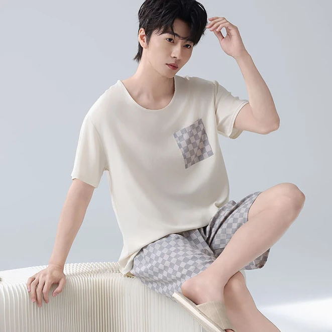 男士棉绸套装两件套休闲睡衣可外穿2025新款人造棉家居服帅气绵绸