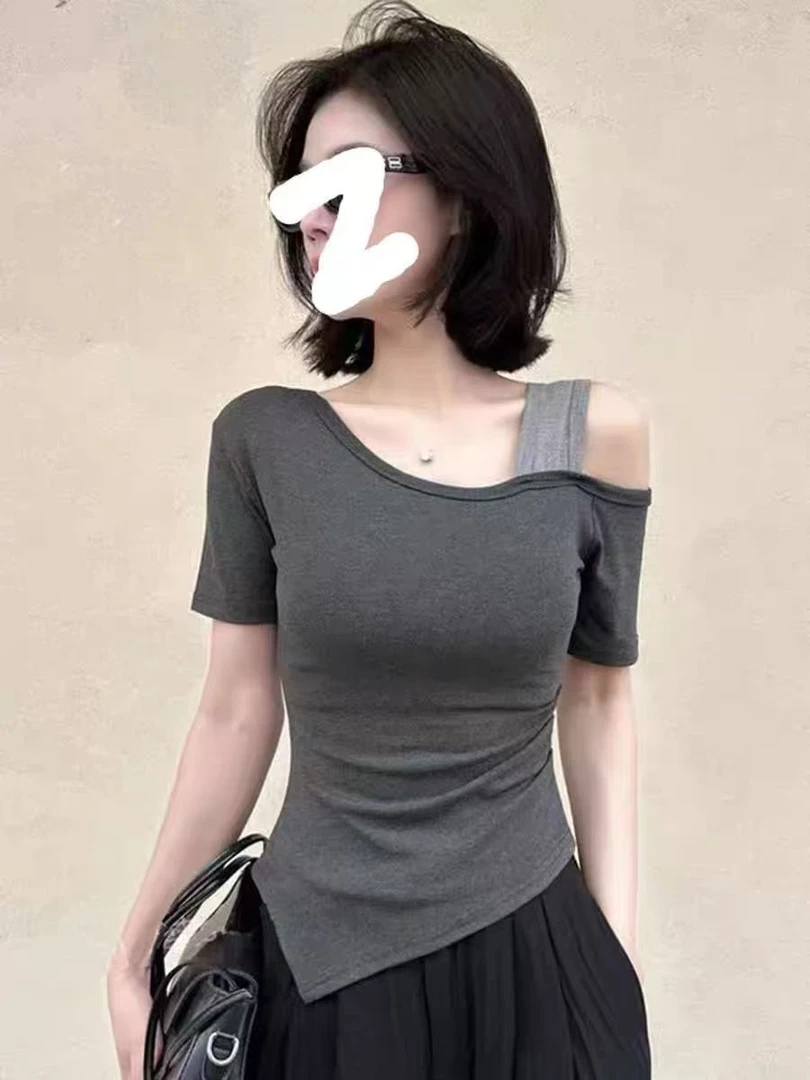【6-8运补】气质不规则上衣夏季露肩修身显瘦短袖T恤女+白色圆领