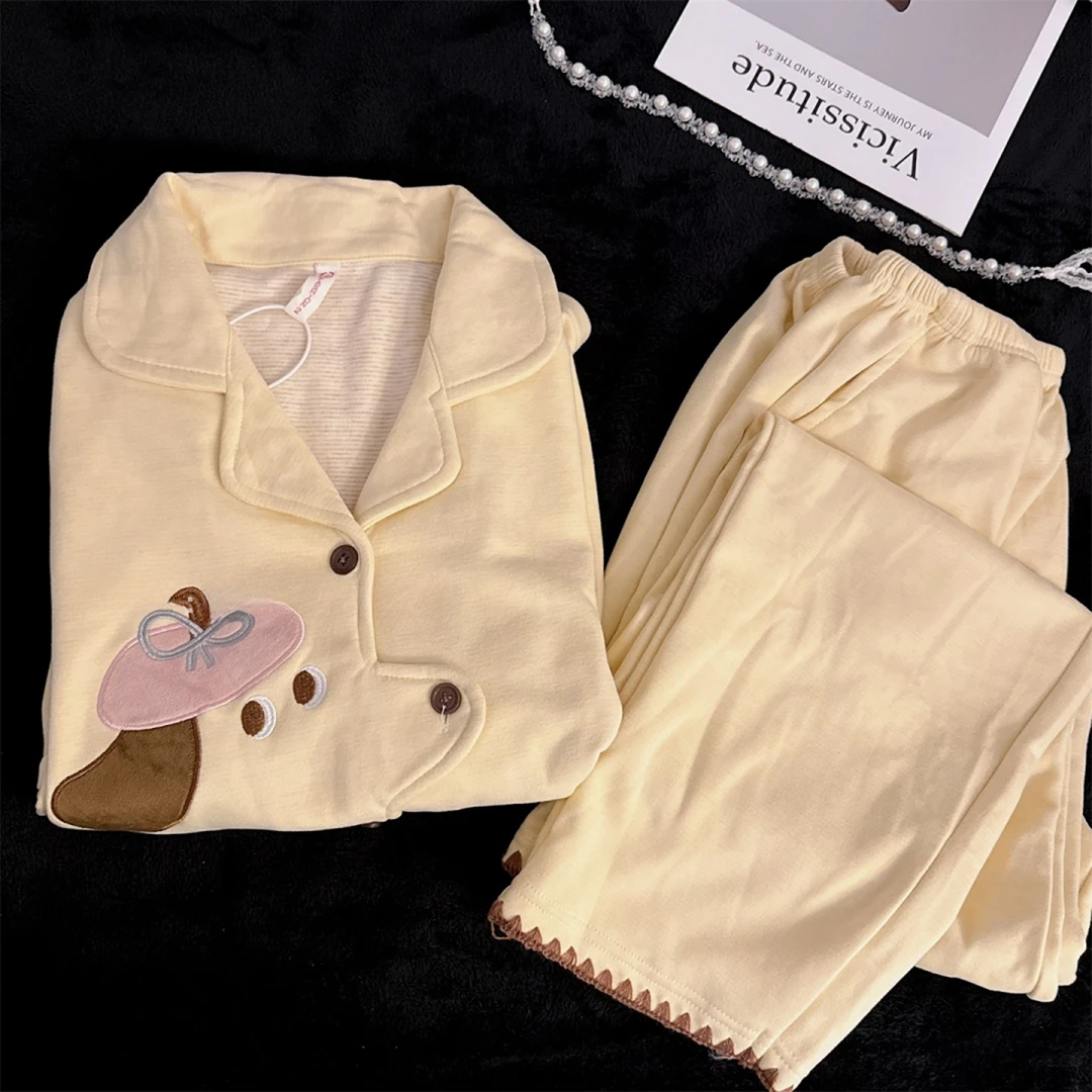 德绒睡衣女秋冬季加厚保暖磨毛日系可爱小狗刺绣少女可外穿家居服