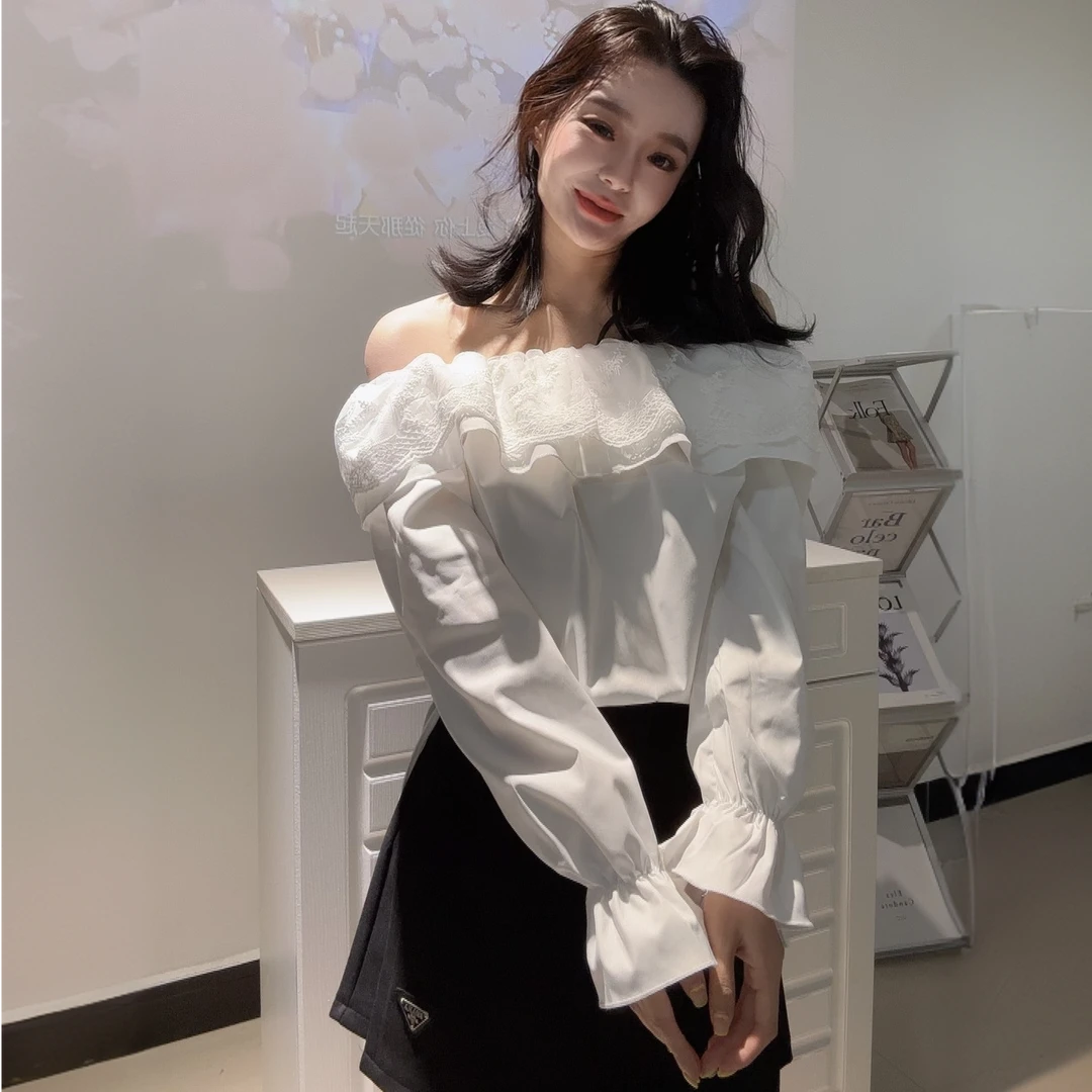 现货2553韩版蕾丝荷叶边拼接抽绳两穿衬衫