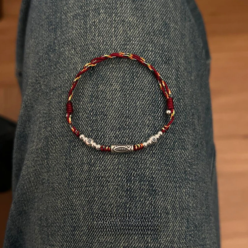 铜合金手链 银色复古锦鲤串珠手链新中式高颜值百搭红绳手饰