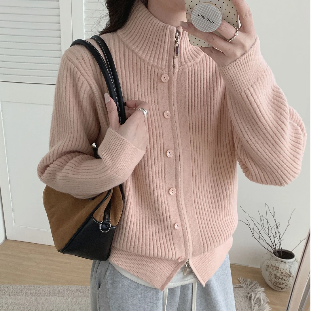 秋季新款女装立领拉链单排扣针织开衫软糯设计感毛衣外套女