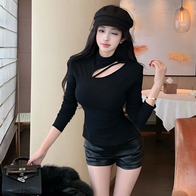 美式纯欲风半高领镂空皱褶设计感长袖T恤2025秋冬修身不规则上衣t