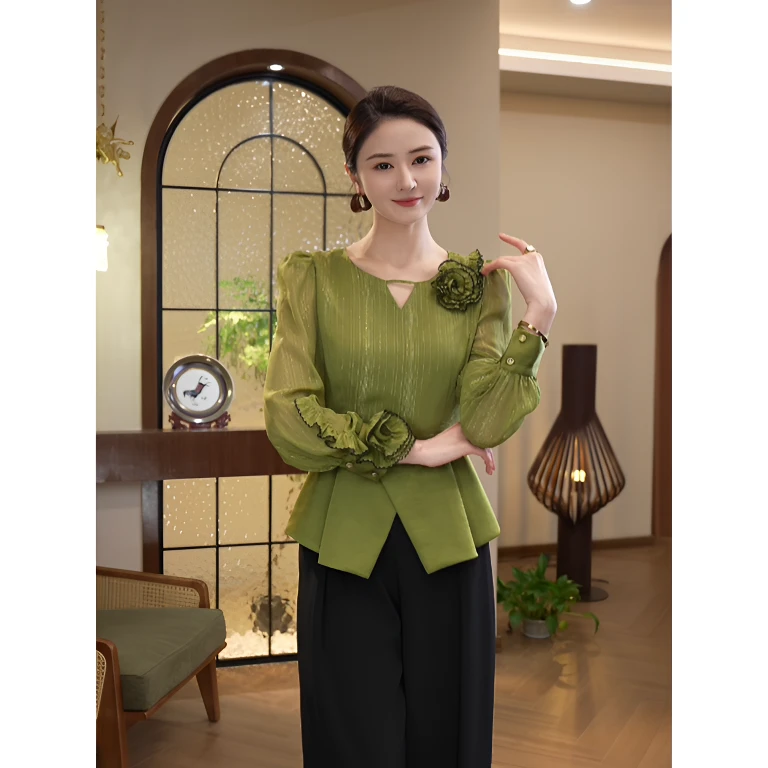 唐熹现货2025春秋季新款【ZM-X805】气质高级感绿色百搭衬衫上衣女