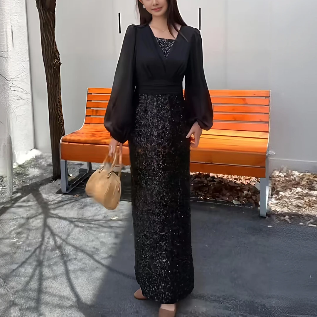 [依易原创]气质法式名媛风亮片拼接飘逸轻奢高腰显瘦长裙A0212