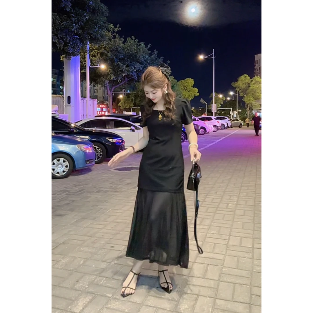 涵儿家 气质法式方领拼接网纱收腰A字连衣裙