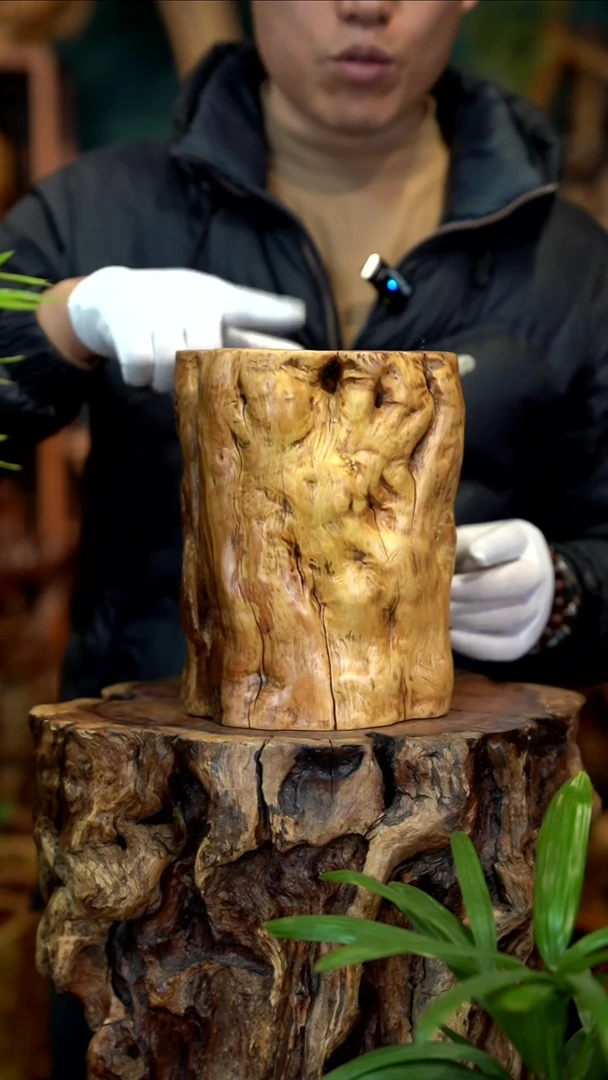 木雷击枣木赤金笔筒