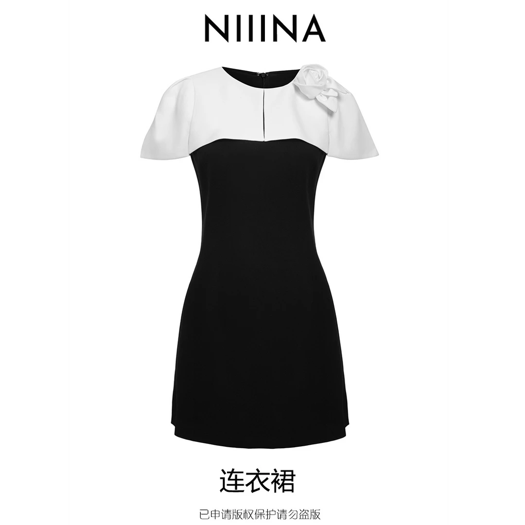 NIIINA原创黑白拼接肩花修身气质连衣裙8712H