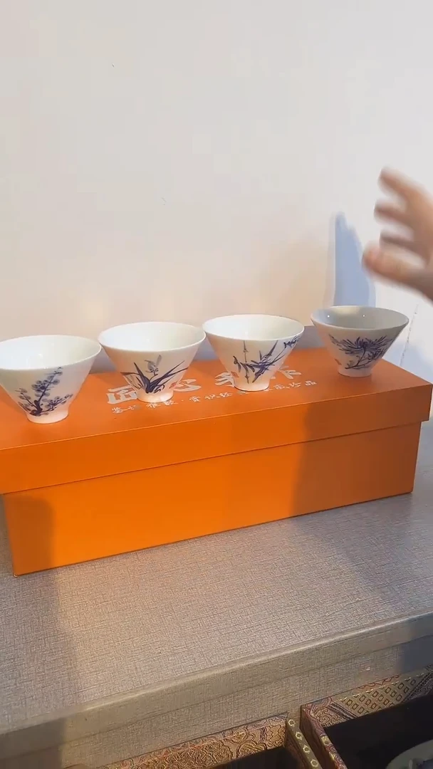 景德镇高温瓷梅兰竹菊手绘斗笠一套