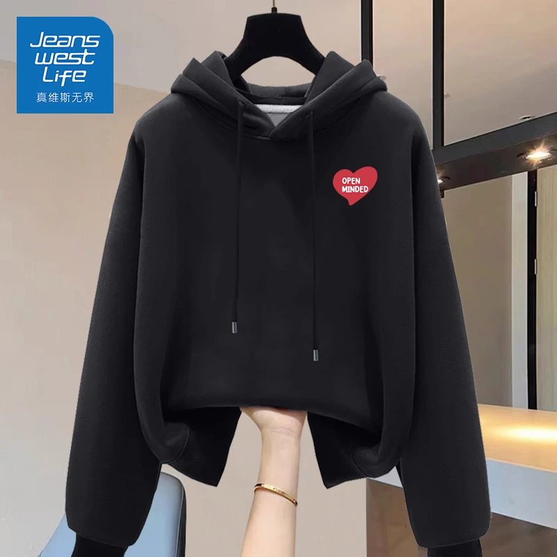 真维斯无界黑色卫衣开衫女款小个子休闲运动风短款春季外套2025年