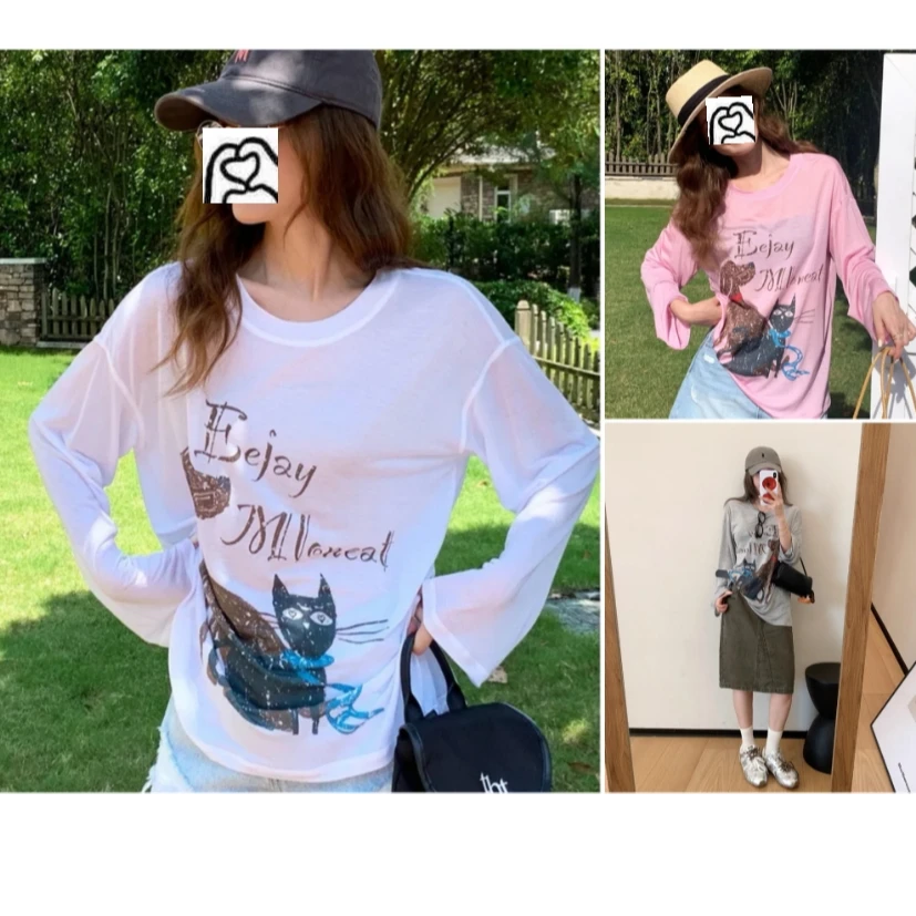 夏季莱赛尔天丝雪花棉慵懒卡通猫咪印花T恤宽松百搭空调罩衫8227