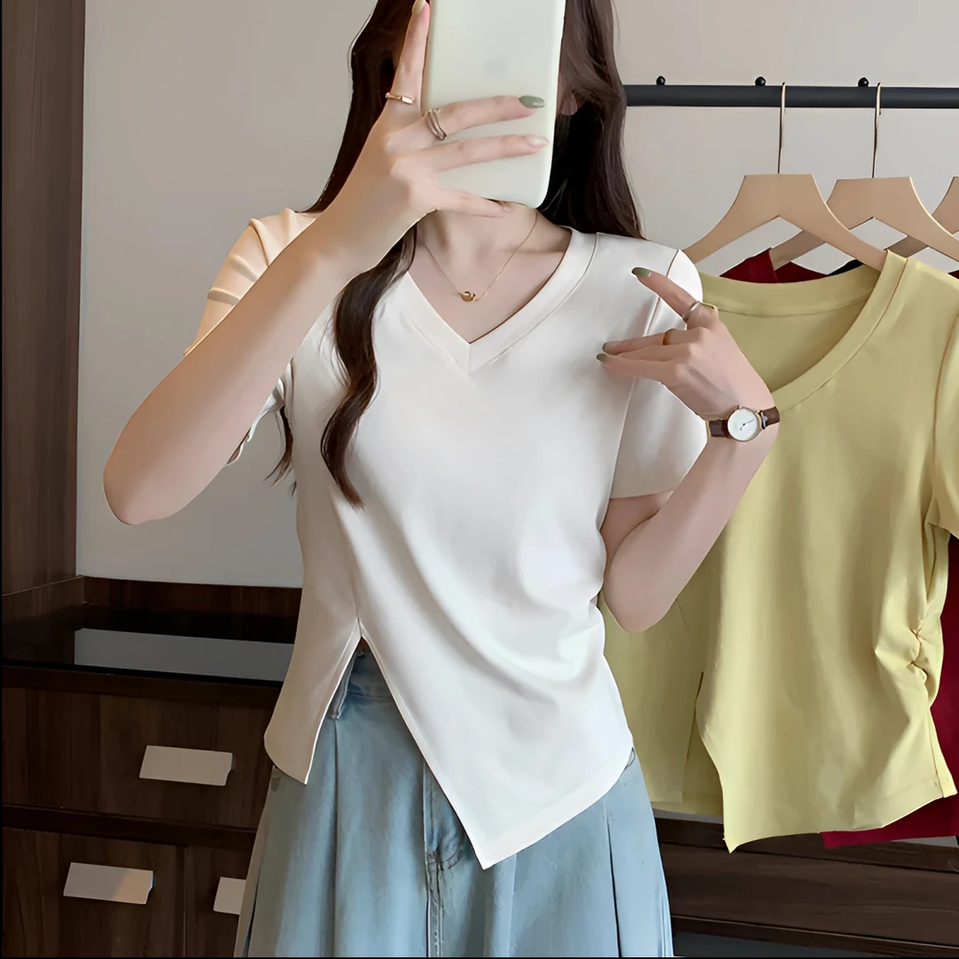 设计感V领正肩短袖T恤女2025夏季大码小众显瘦遮肚子不规则上衣女