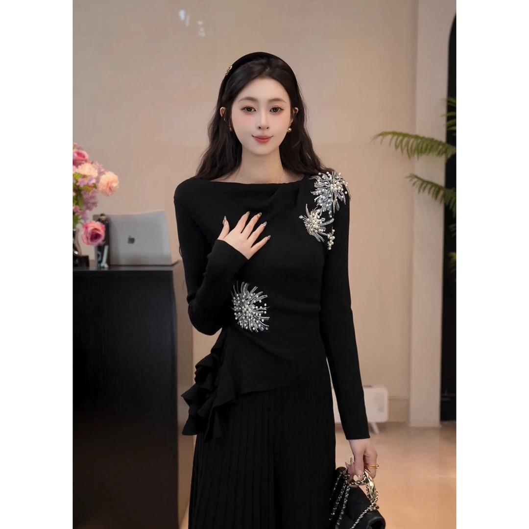 YUANLIANSU/圆脸酥【临风听蝉】千金风钉珠立体装饰荡领针织衫秋季