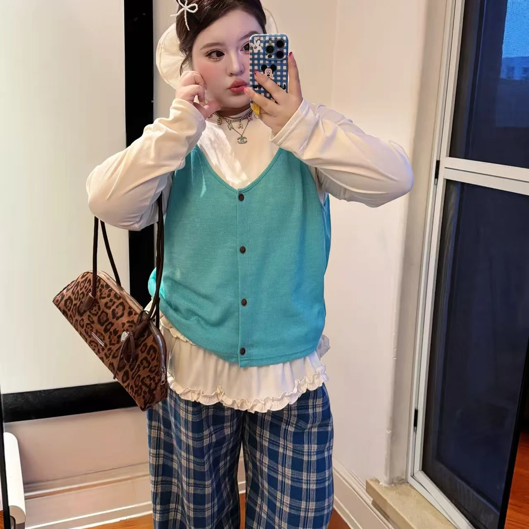 【层次波漾】时尚清新洋气别致大码气质设计感花边内搭+马甲90555