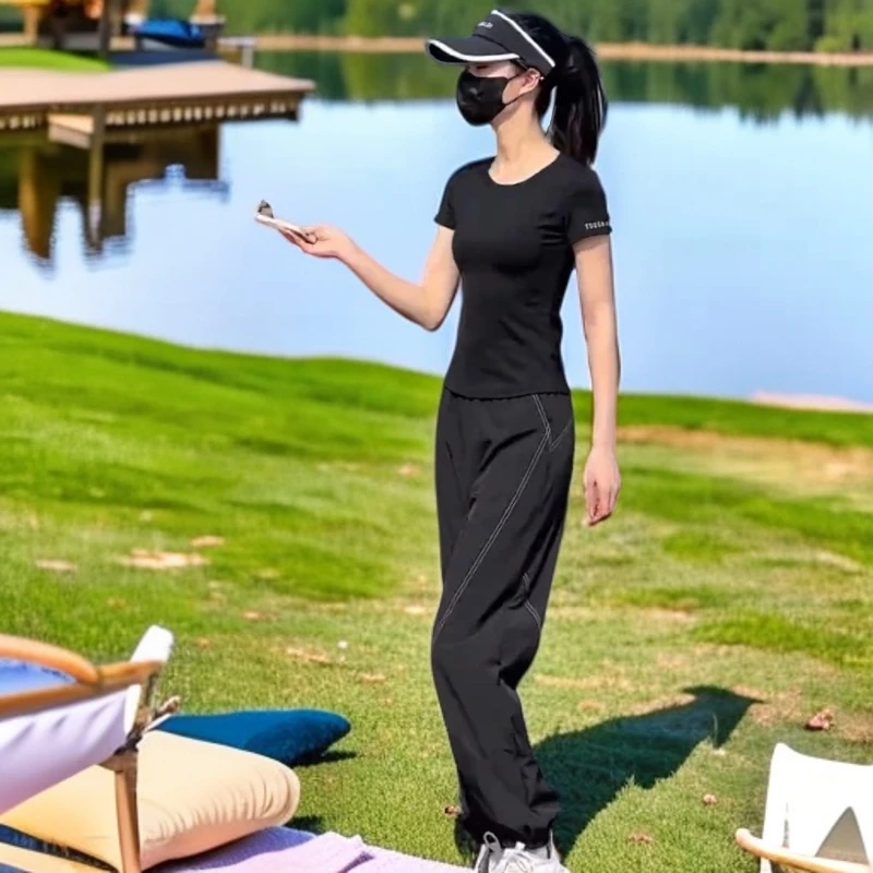 时尚洋气休闲服女2025夏季新款黑色冰丝薄款跑步运动套装女晨跑服