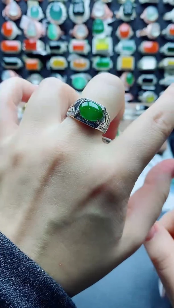 银S925镶嵌戒指翡翠纯天然A货翡翠男戒
