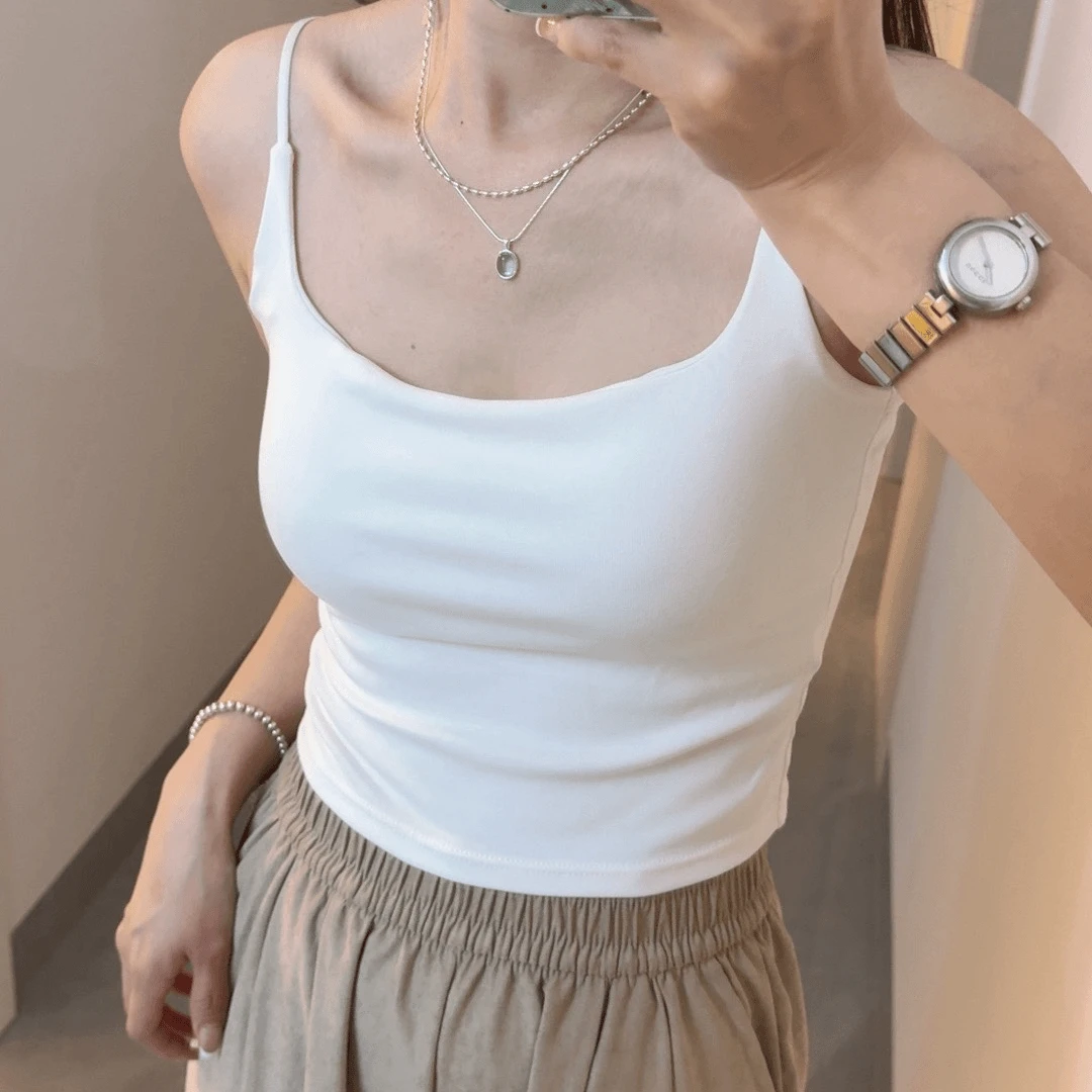 辣妹夏季新款吊带背心女时尚自带胸垫简约纯色修身显瘦打底上衣